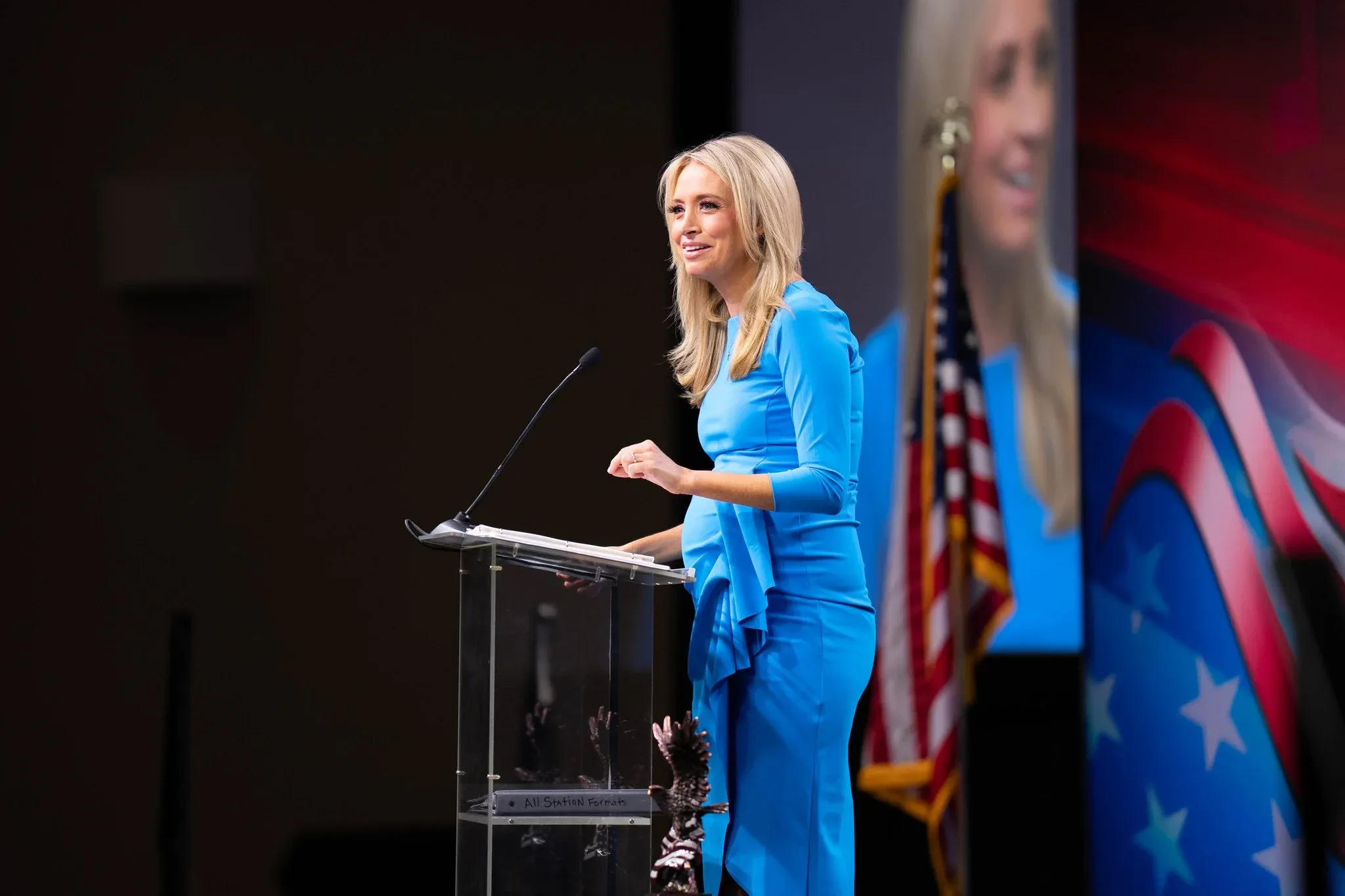 Notable and friendly pregnant woman giving a speech at a large conference